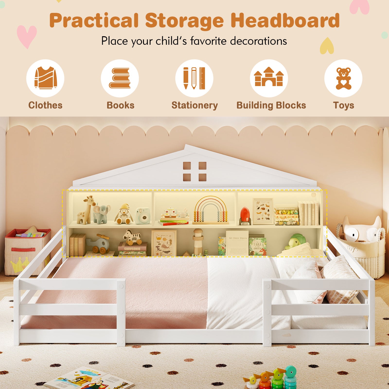 Full Size Montessori Floor Bed with Storage Compartments and Shelf, White Trundle Bed Frame at Gallery Canada