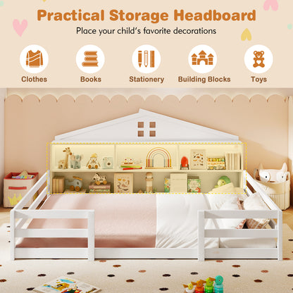 Full Size Montessori Floor Bed with Storage Compartments and Shelf, White Trundle Bed Frame at Gallery Canada