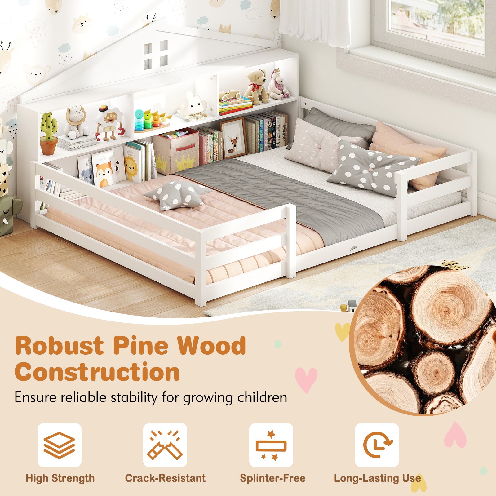 Full Size Montessori Floor Bed with Storage Compartments and Shelf, White Trundle Bed Frame at Gallery Canada