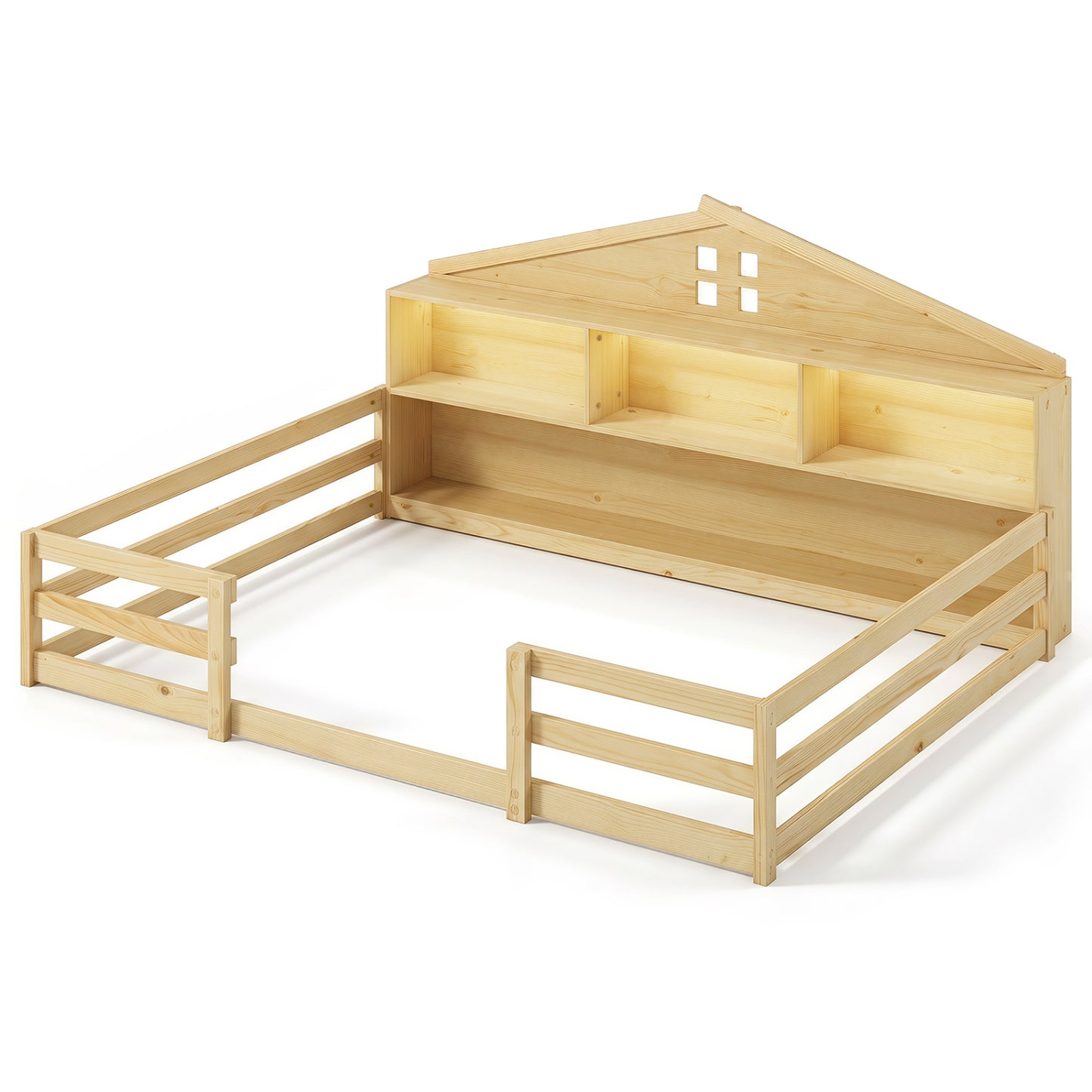Lit au sol Montessori pleine taille avec rangement, naturel