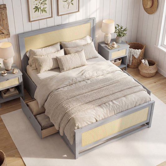 Full Size Rattan Bed Frame with Storage Drawers, Gray Trundle Bed Frame Gray at Gallery Canada