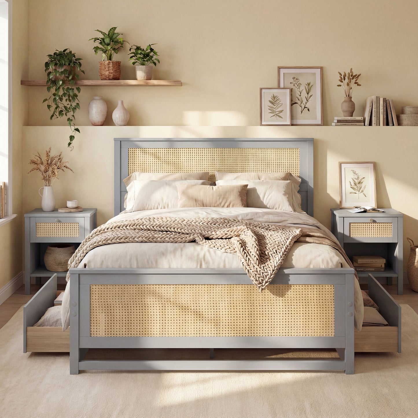 Full Size Rattan Bed Frame with Storage Drawers, Gray Trundle Bed Frame at Gallery Canada