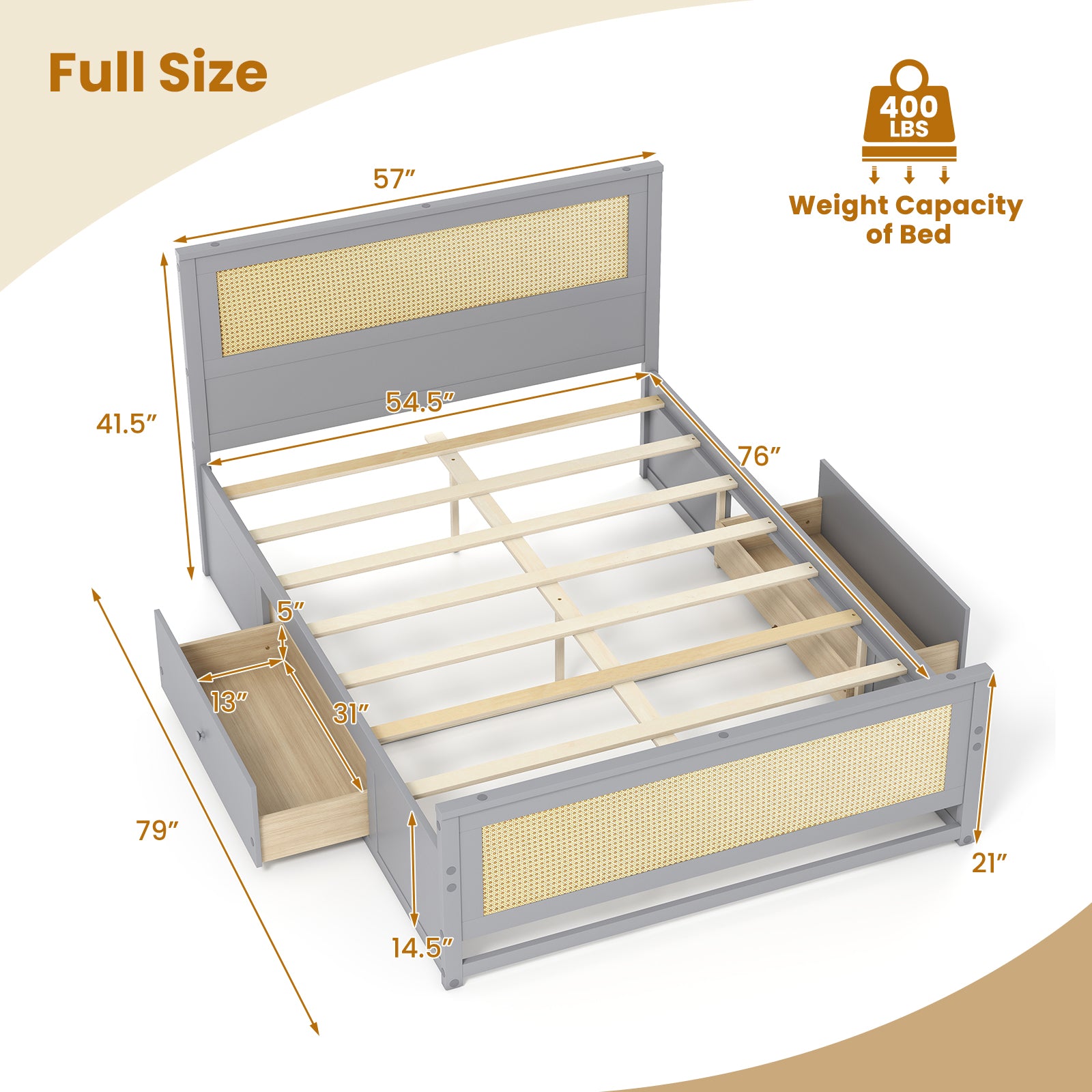Full Size Rattan Bed Frame with Storage Drawers, Gray Trundle Bed Frame at Gallery Canada