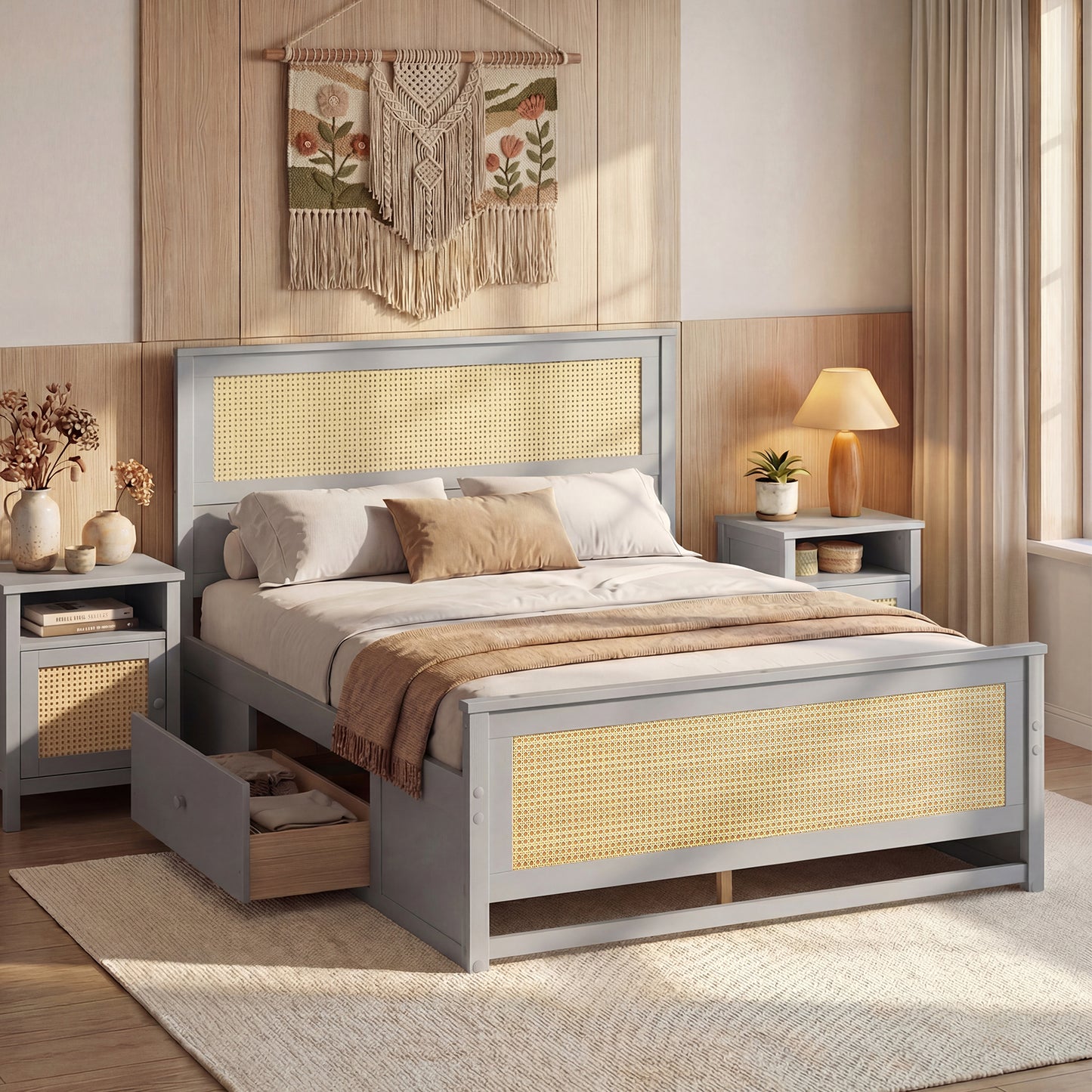 Full Size Rattan Bed Frame with Storage Drawers, Gray Trundle Bed Frame at Gallery Canada