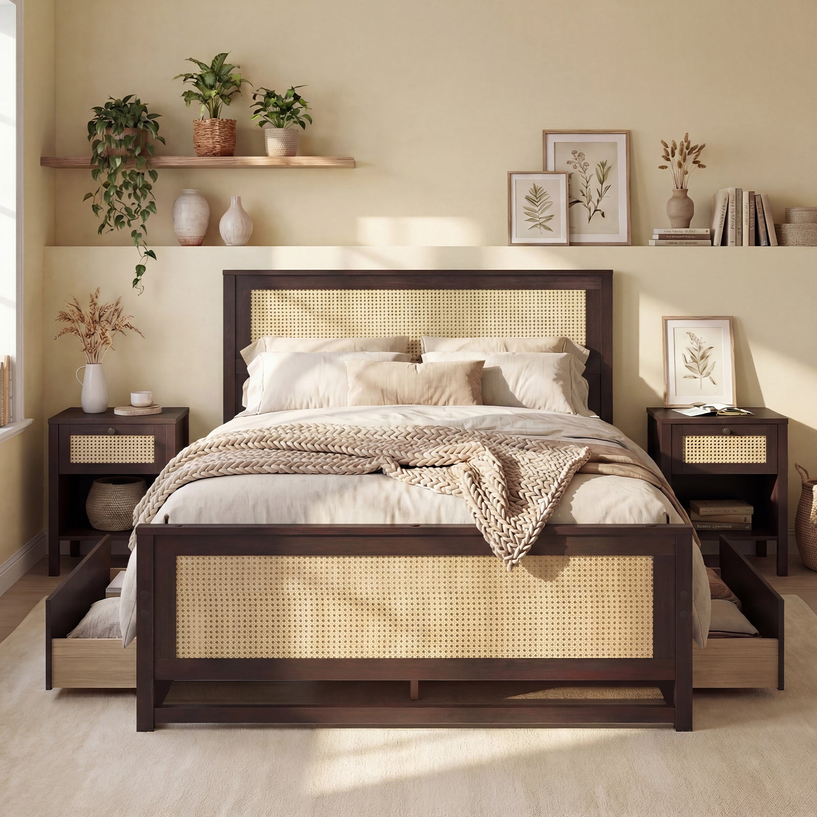 Full Size Rattan Bed Frame with Storage Drawers, Rustic Brown Trundle Bed Frame at Gallery Canada