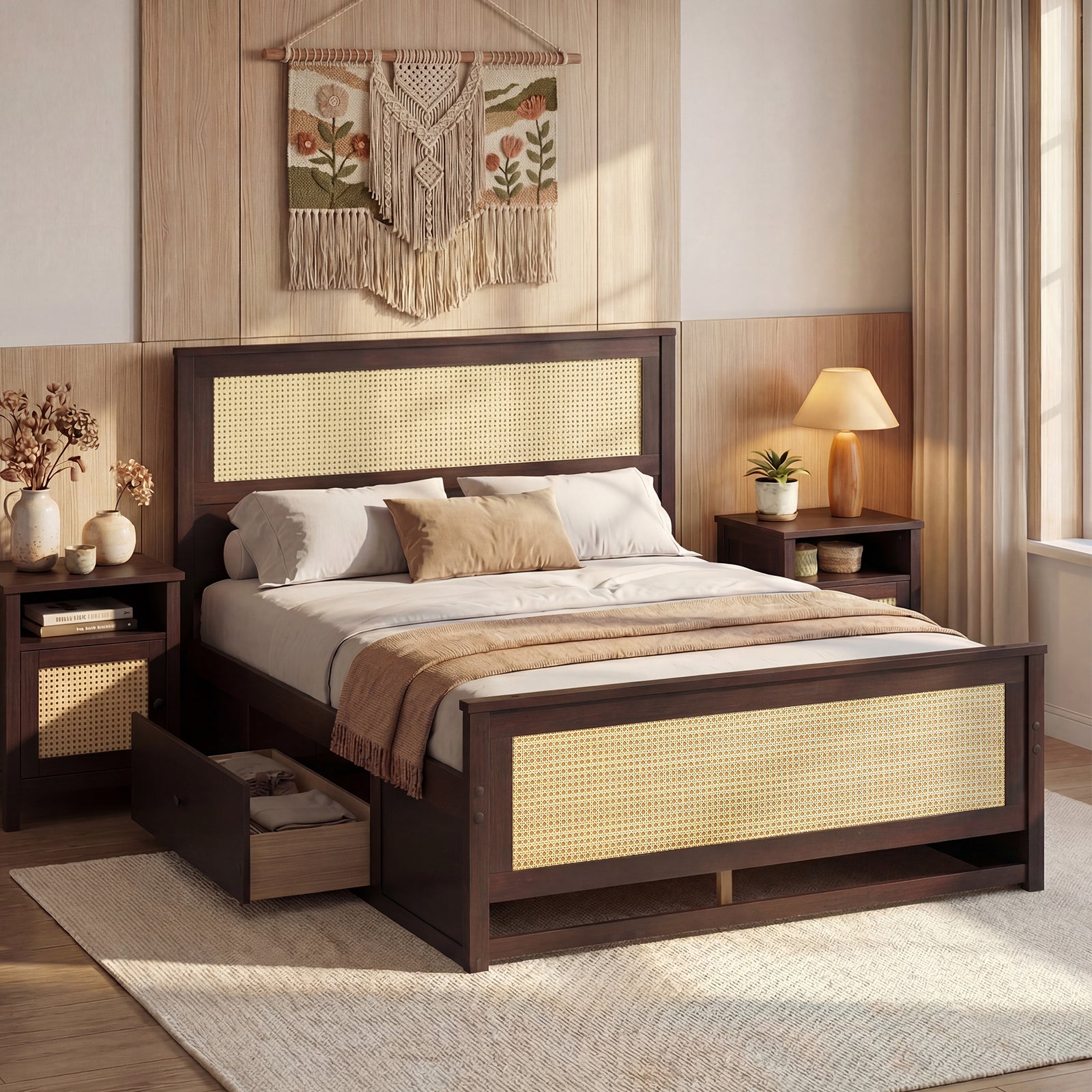 Full Size Rattan Bed Frame with Storage Drawers, Rustic Brown Trundle Bed Frame at Gallery Canada