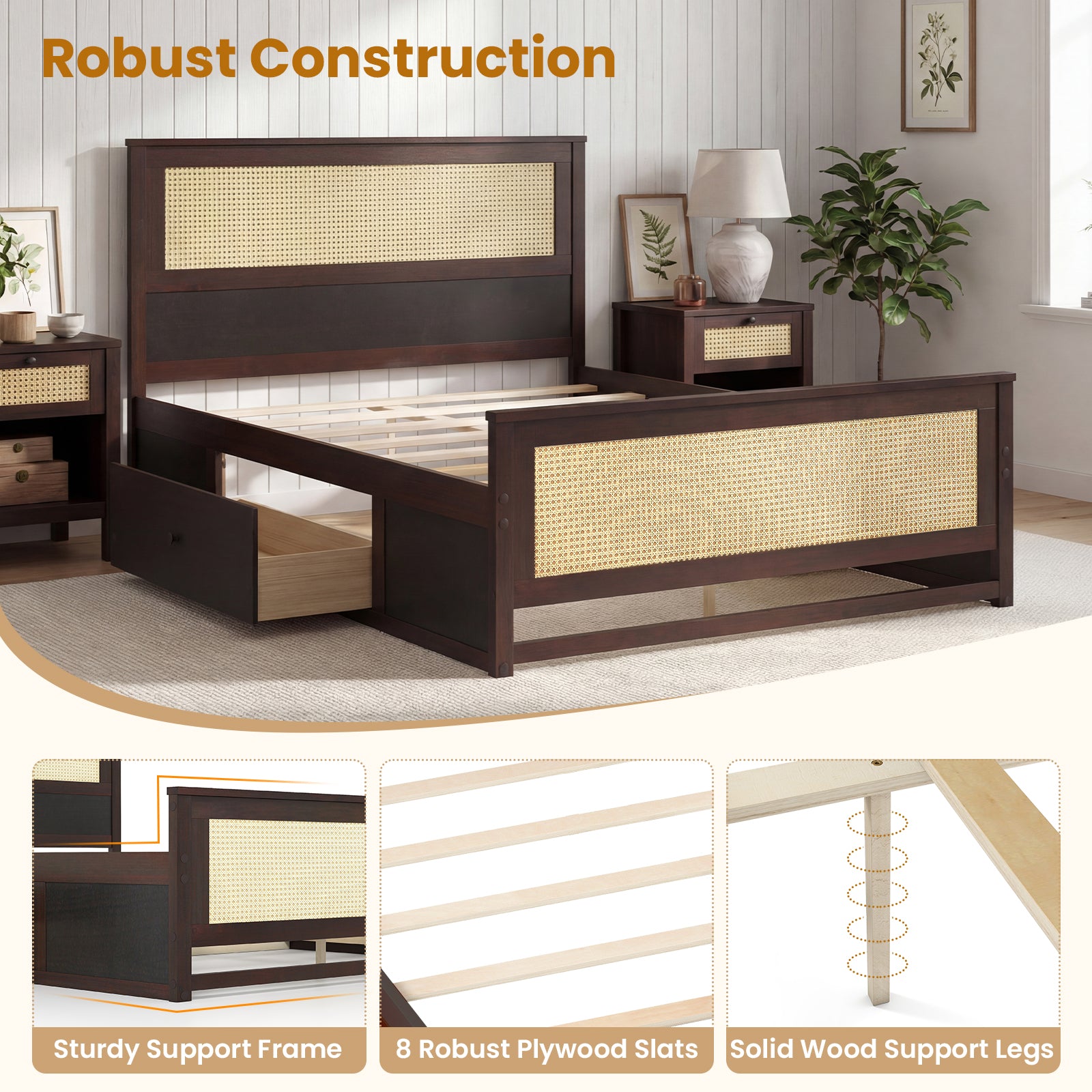 Full Size Rattan Bed Frame with Storage Drawers, Rustic Brown Trundle Bed Frame at Gallery Canada