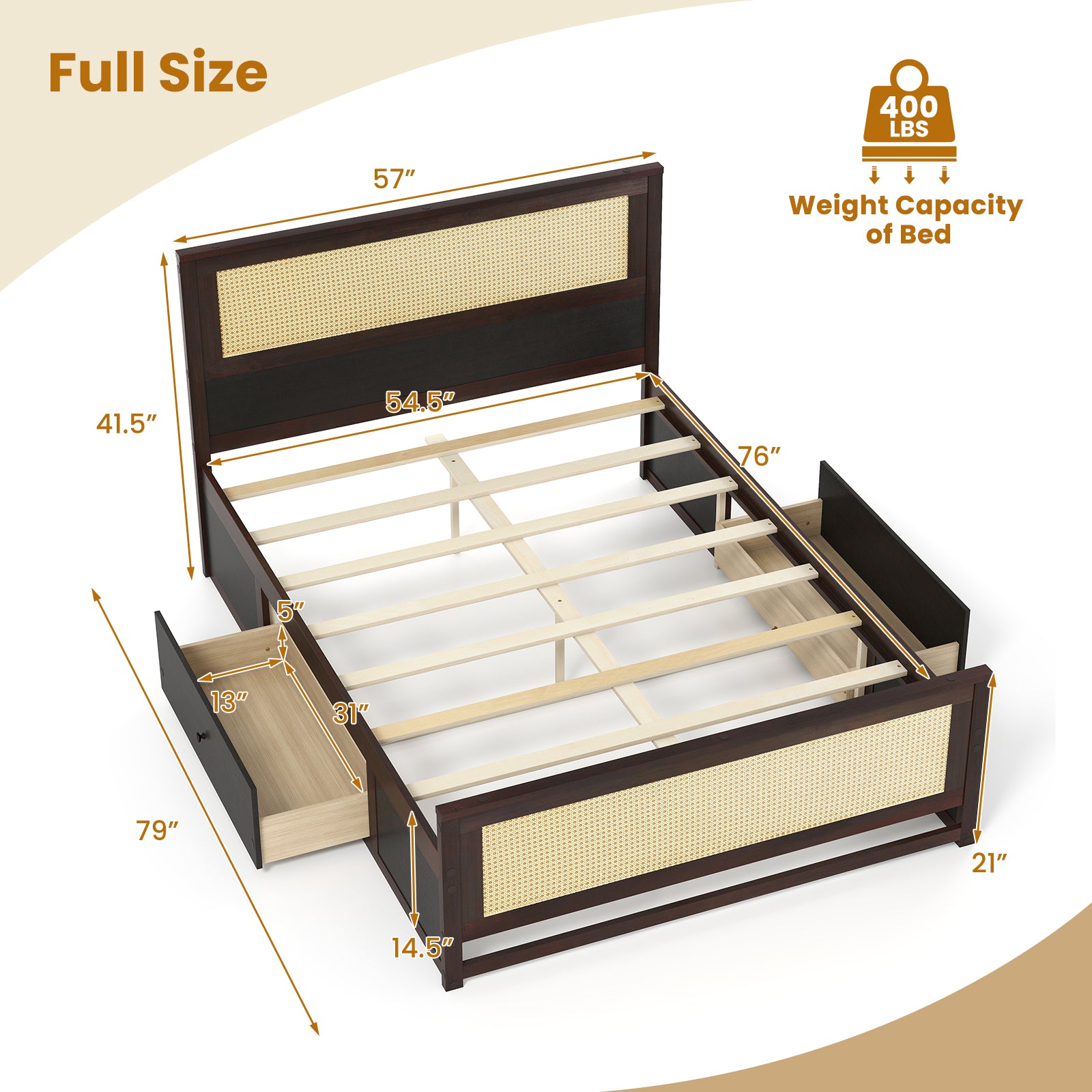 Full Size Rattan Bed Frame with Storage Drawers, Rustic Brown Trundle Bed Frame at Gallery Canada