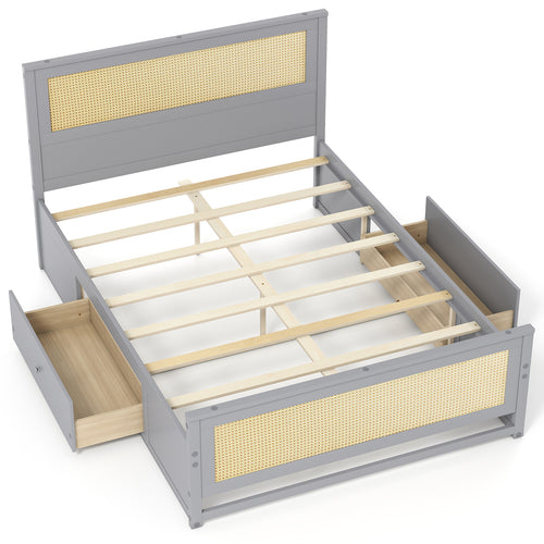 Full Size Rattan Bed Frame with Storage Drawers, Gray