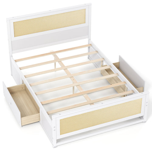 Full Size Rattan Bed Frame with Storage Drawers, White