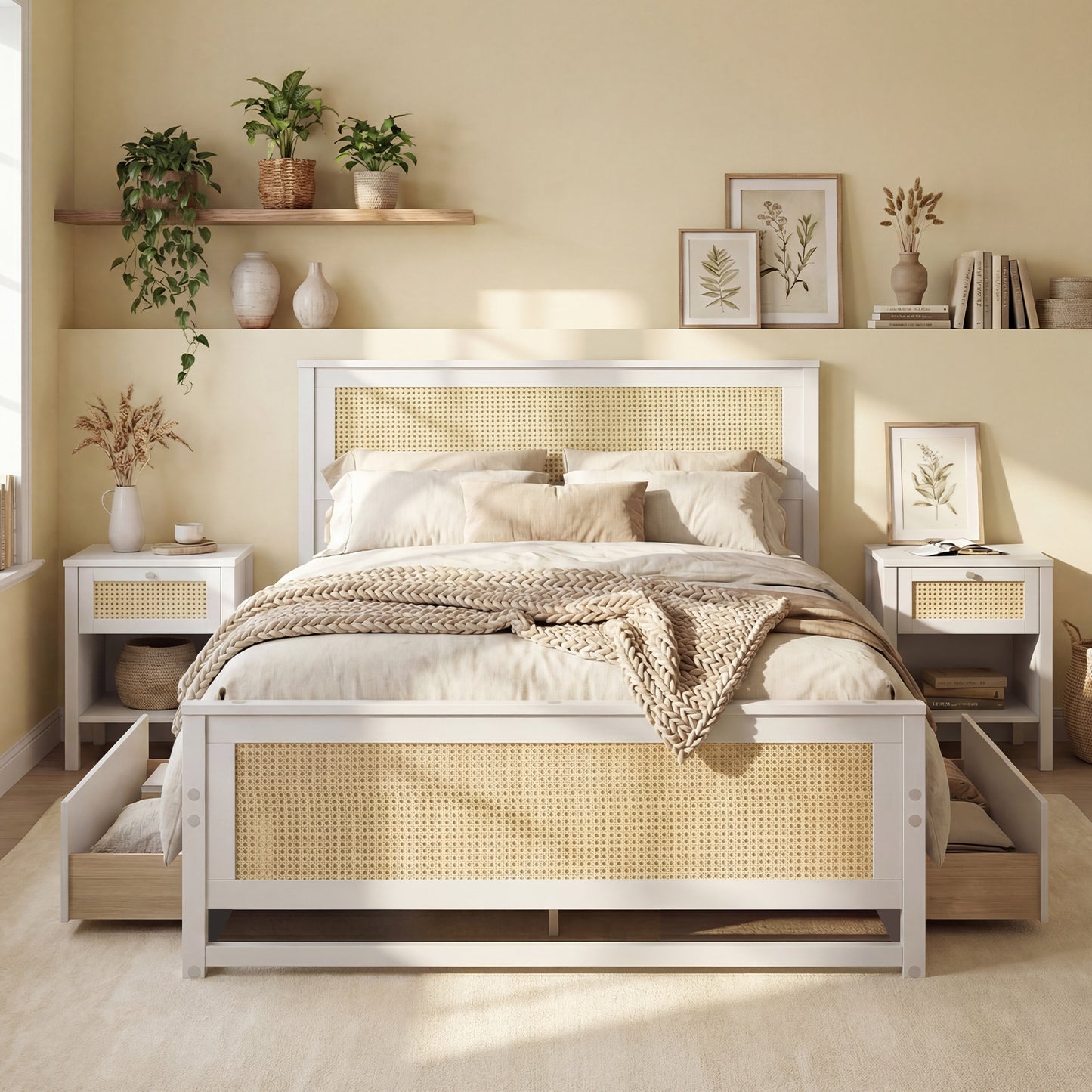 Full Size Rattan Bed Frame with Storage Drawers, White Trundle Bed Frame at Gallery Canada