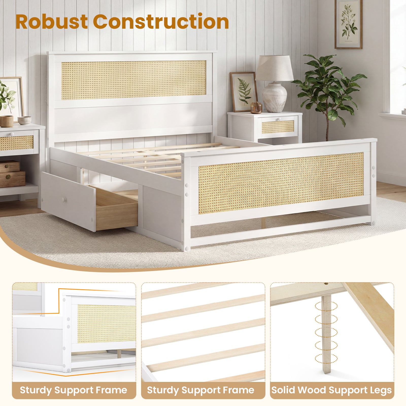 Full Size Rattan Bed Frame with Storage Drawers, White Trundle Bed Frame at Gallery Canada