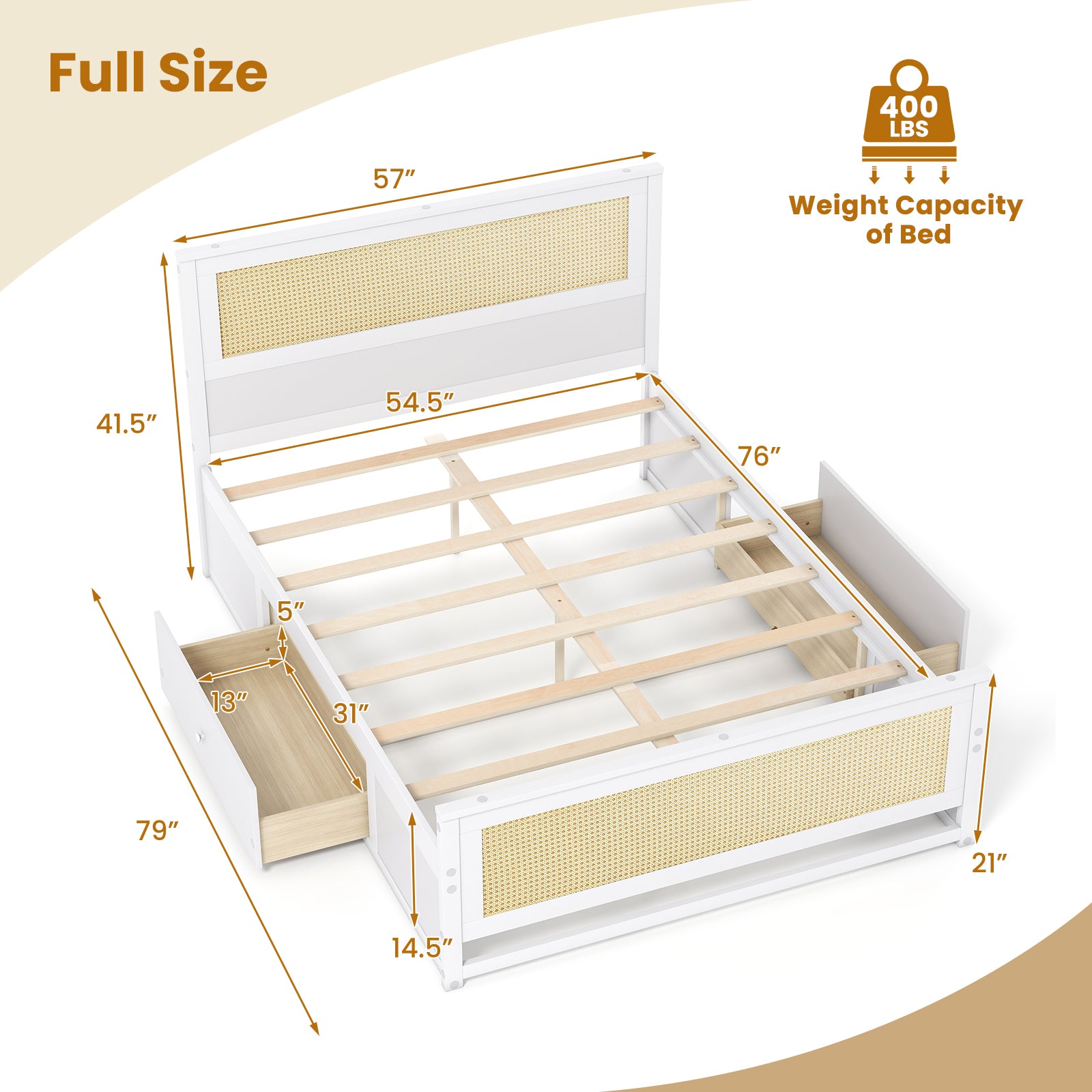 Full Size Rattan Bed Frame with Storage Drawers, White Trundle Bed Frame at Gallery Canada
