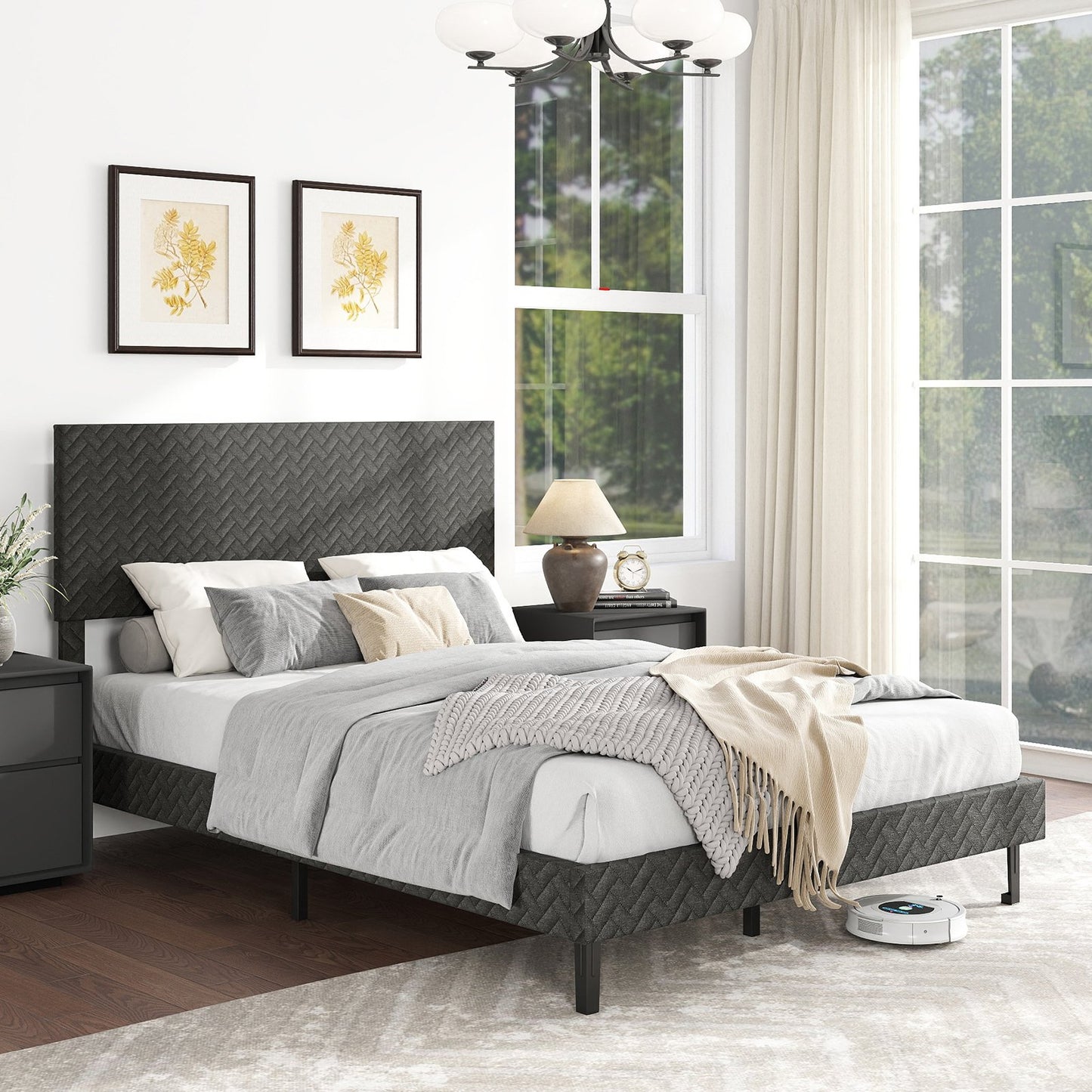 Full Size Velvet Bed Frame Upholstered Platform Bed with Chevron Headboard Gray Simple Bed Frame at Gallery Canada