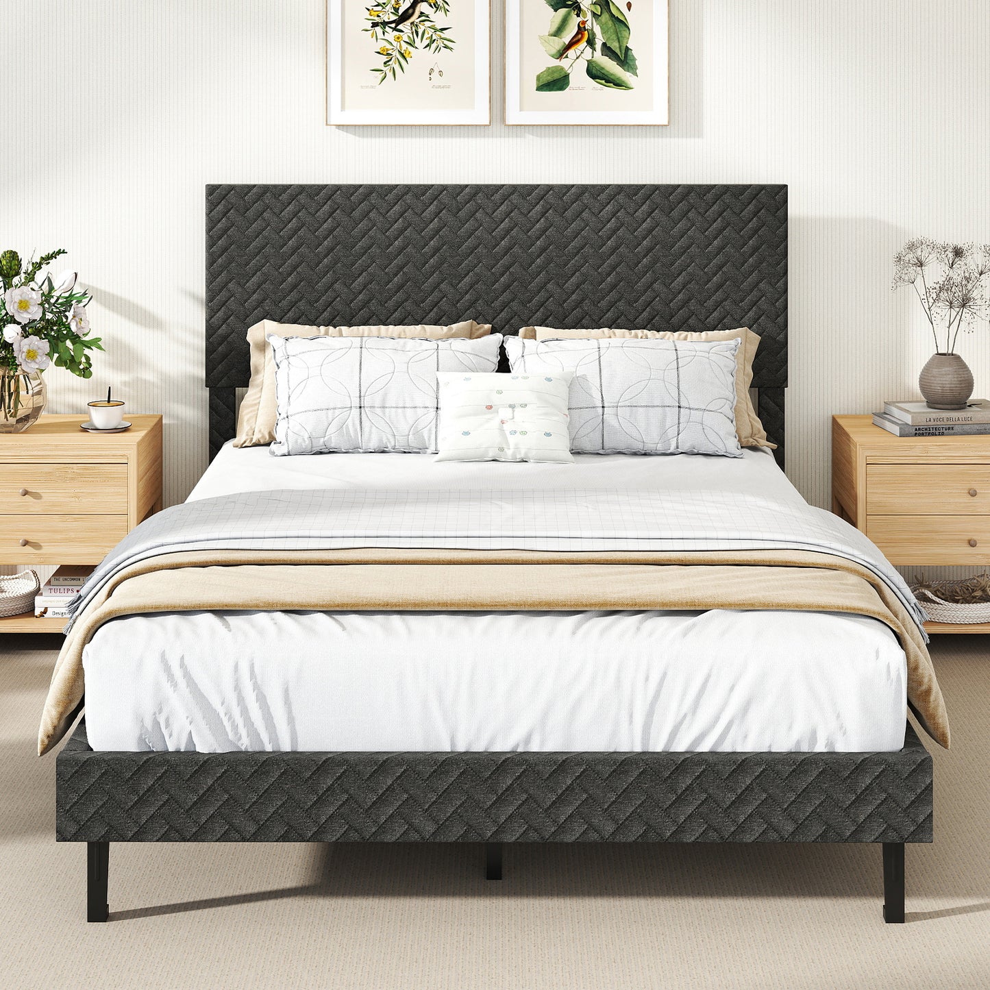 Full Size Velvet Bed Frame Upholstered Platform Bed with Chevron Headboard Gray Simple Bed Frame at Gallery Canada