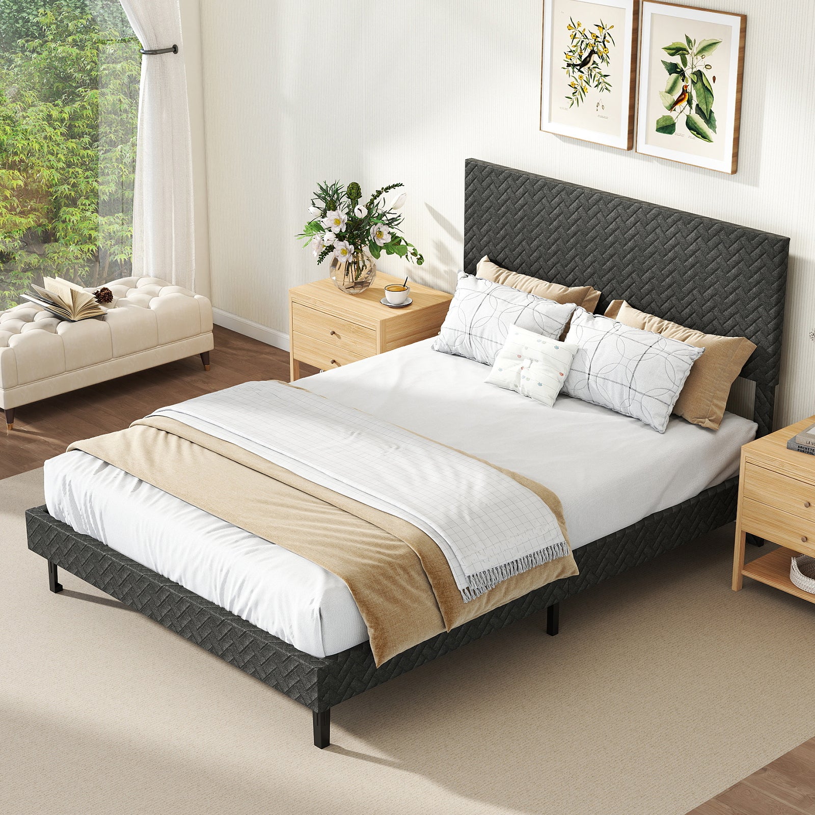 Full Size Velvet Bed Frame Upholstered Platform Bed with Chevron Headboard Gray Simple Bed Frame at Gallery Canada