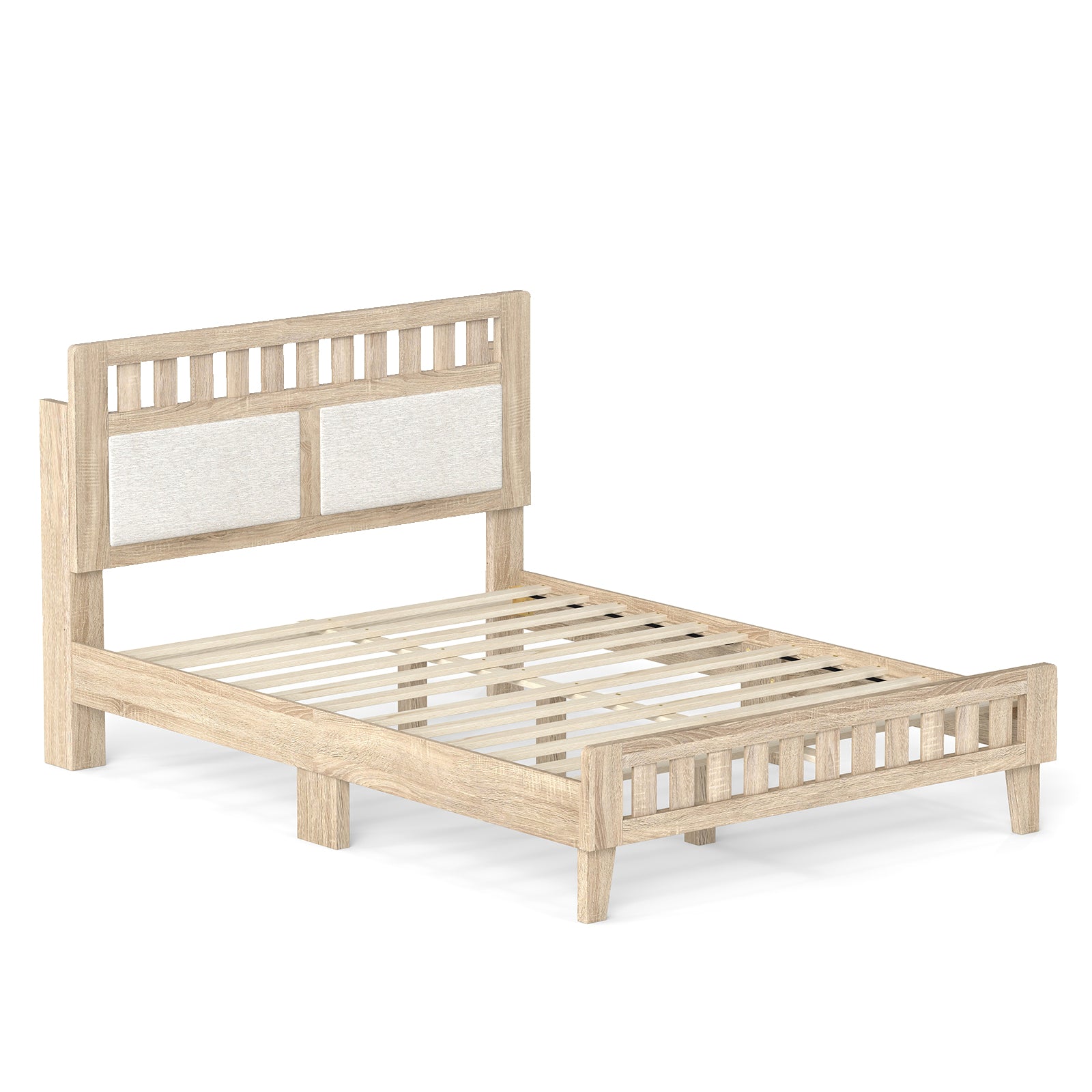 Full Size Wood Bed Frame, Upholstered Headboard, Mid Century Style, Beige Simple Bed Frame Beige at Gallery Canada