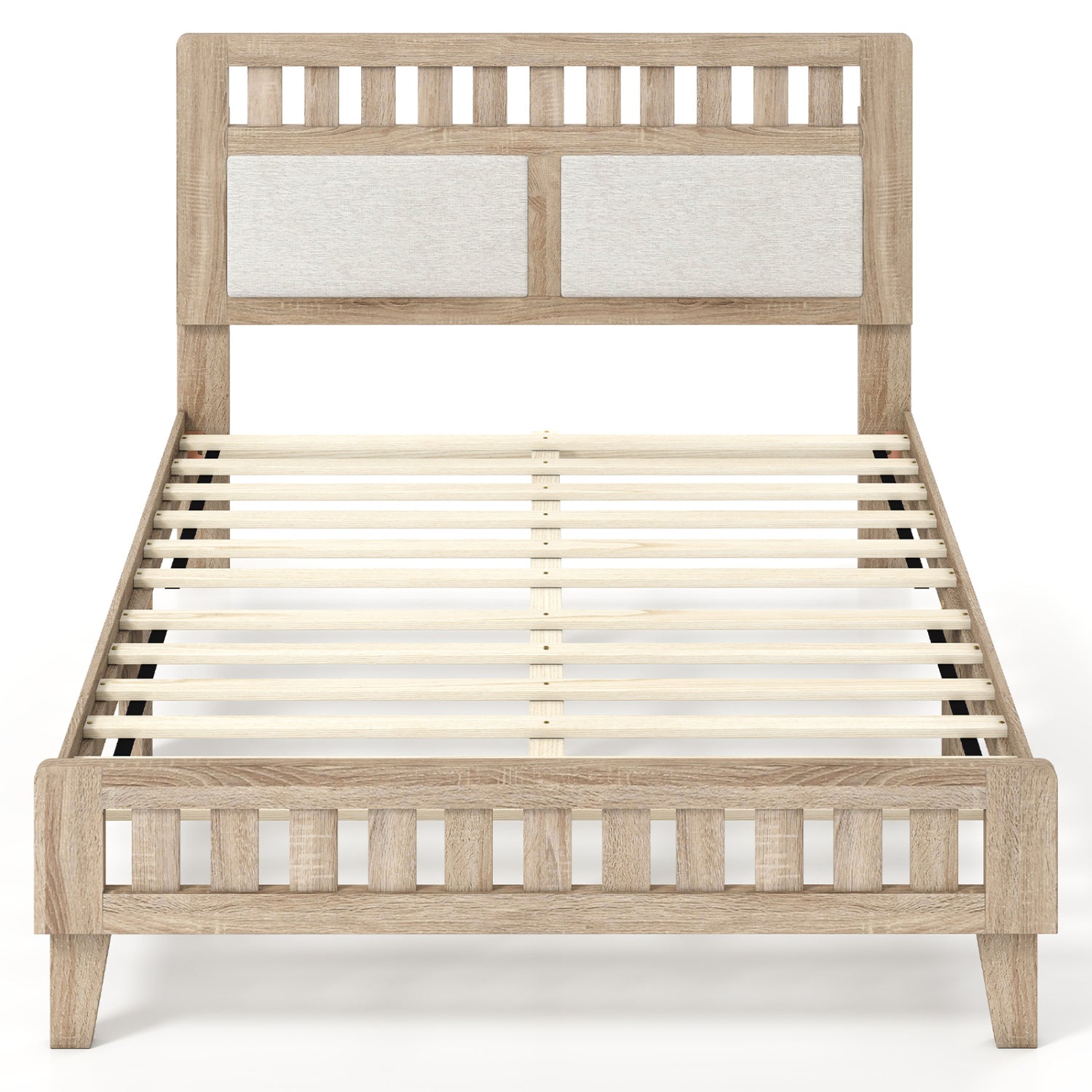 Full Size Wood Bed Frame, Upholstered Headboard, Mid Century Style, Beige Simple Bed Frame at Gallery Canada