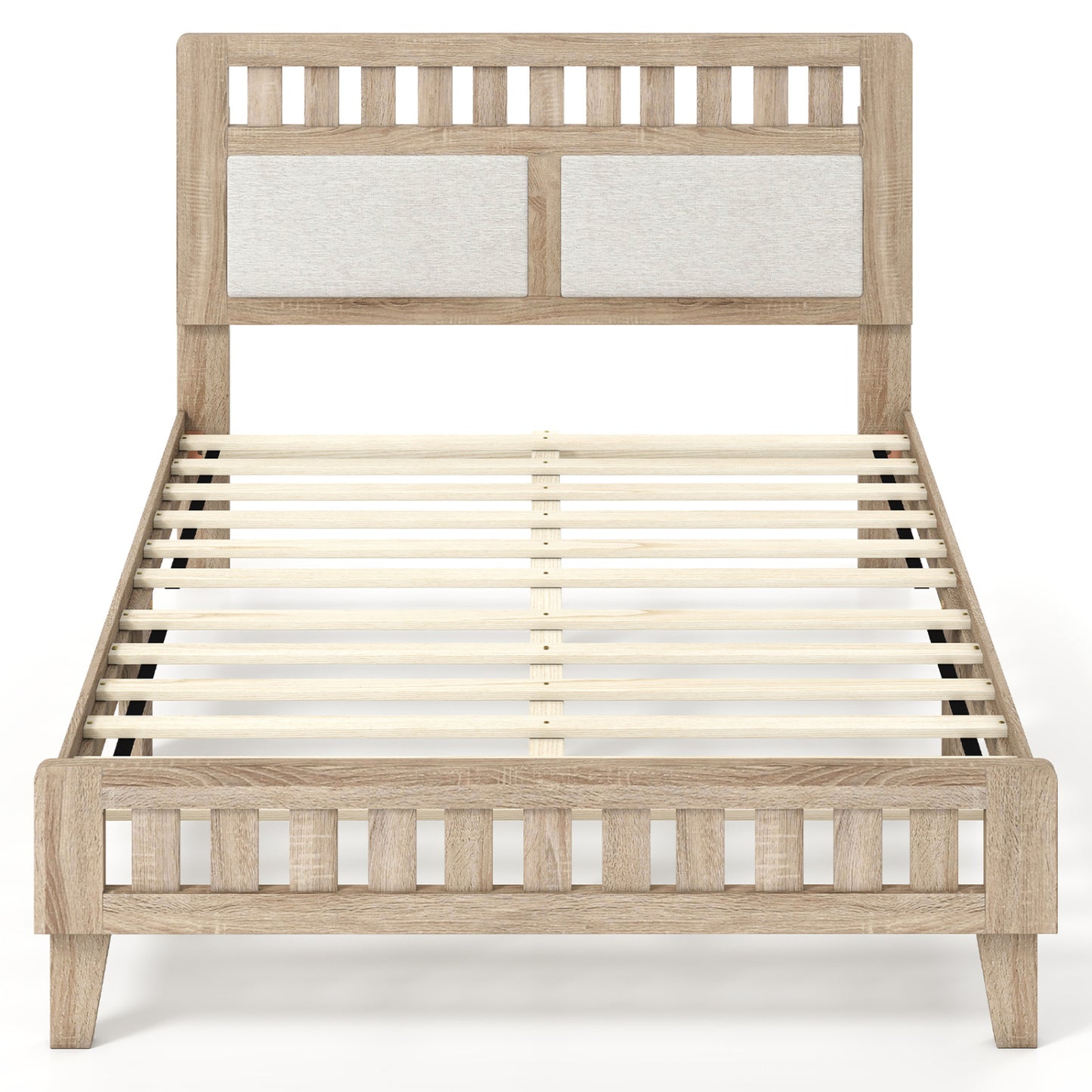 Full Size Wood Bed Frame, Upholstered Headboard, Mid Century Style, Beige Simple Bed Frame at Gallery Canada