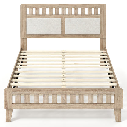 Full Size Wood Bed Frame, Upholstered Headboard, Mid Century Style, Beige Simple Bed Frame Beige at Gallery Canada