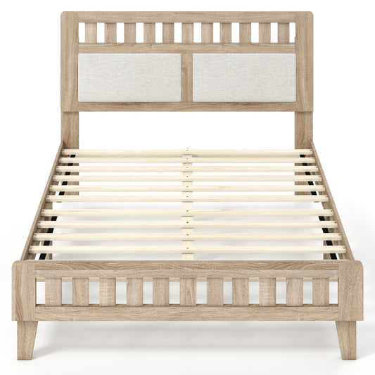 Full Size Wood Bed Frame, Upholstered Headboard, Mid Century Style, Beige Simple Bed Frame Beige at Gallery Canada