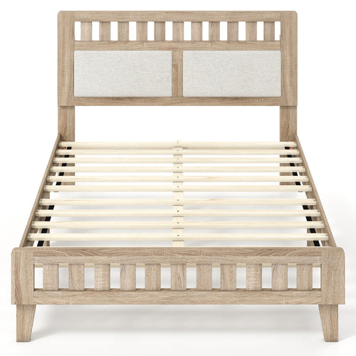 Full Size Wood Bed Frame, Upholstered Headboard, Mid Century Style, Beige