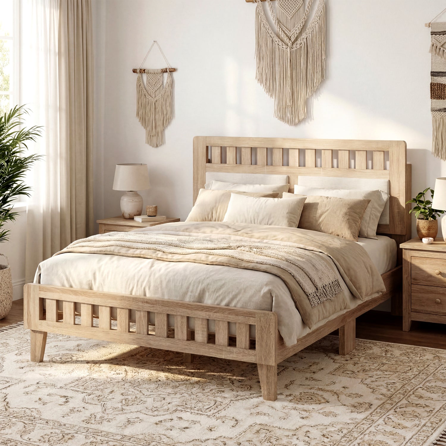 Full Size Wood Bed Frame, Upholstered Headboard, Mid Century Style, Beige Simple Bed Frame at Gallery Canada