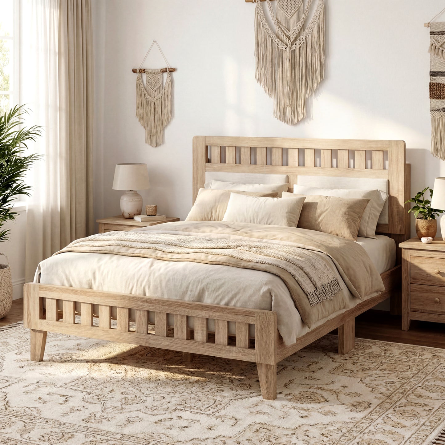 Full Size Wood Bed Frame, Upholstered Headboard, Mid Century Style, Beige Simple Bed Frame at Gallery Canada