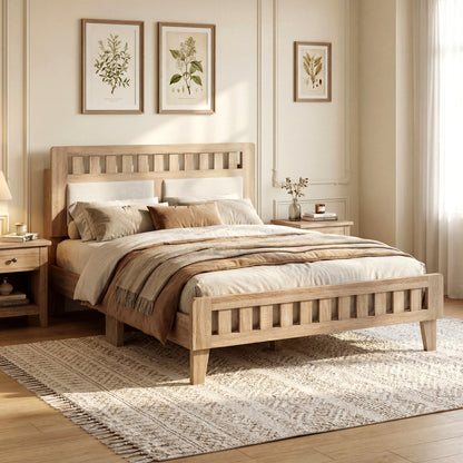 Full Size Wood Bed Frame, Upholstered Headboard, Mid Century Style, Beige Simple Bed Frame at Gallery Canada