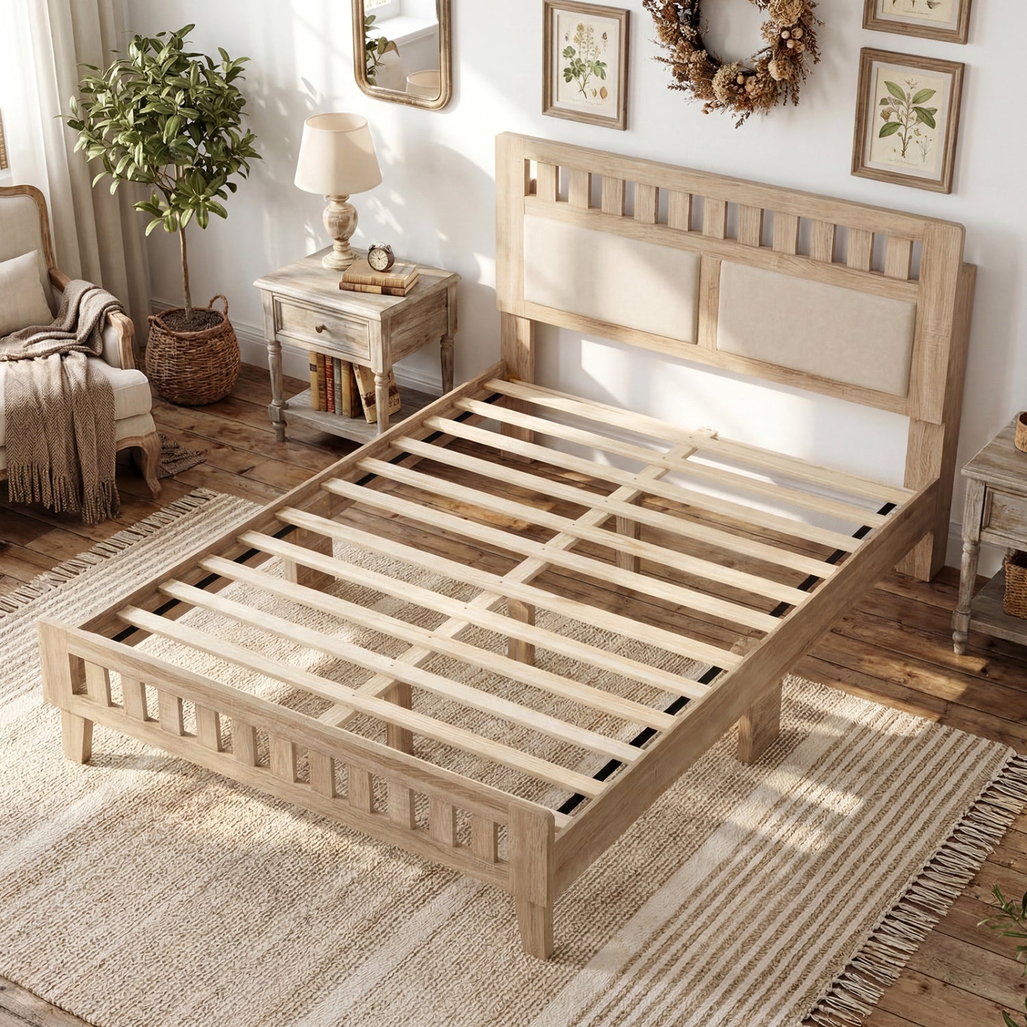 Full Size Wood Bed Frame, Upholstered Headboard, Mid Century Style, Beige Simple Bed Frame at Gallery Canada