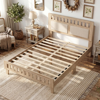 Full Size Wood Bed Frame, Upholstered Headboard, Mid Century Style, Beige Simple Bed Frame at Gallery Canada