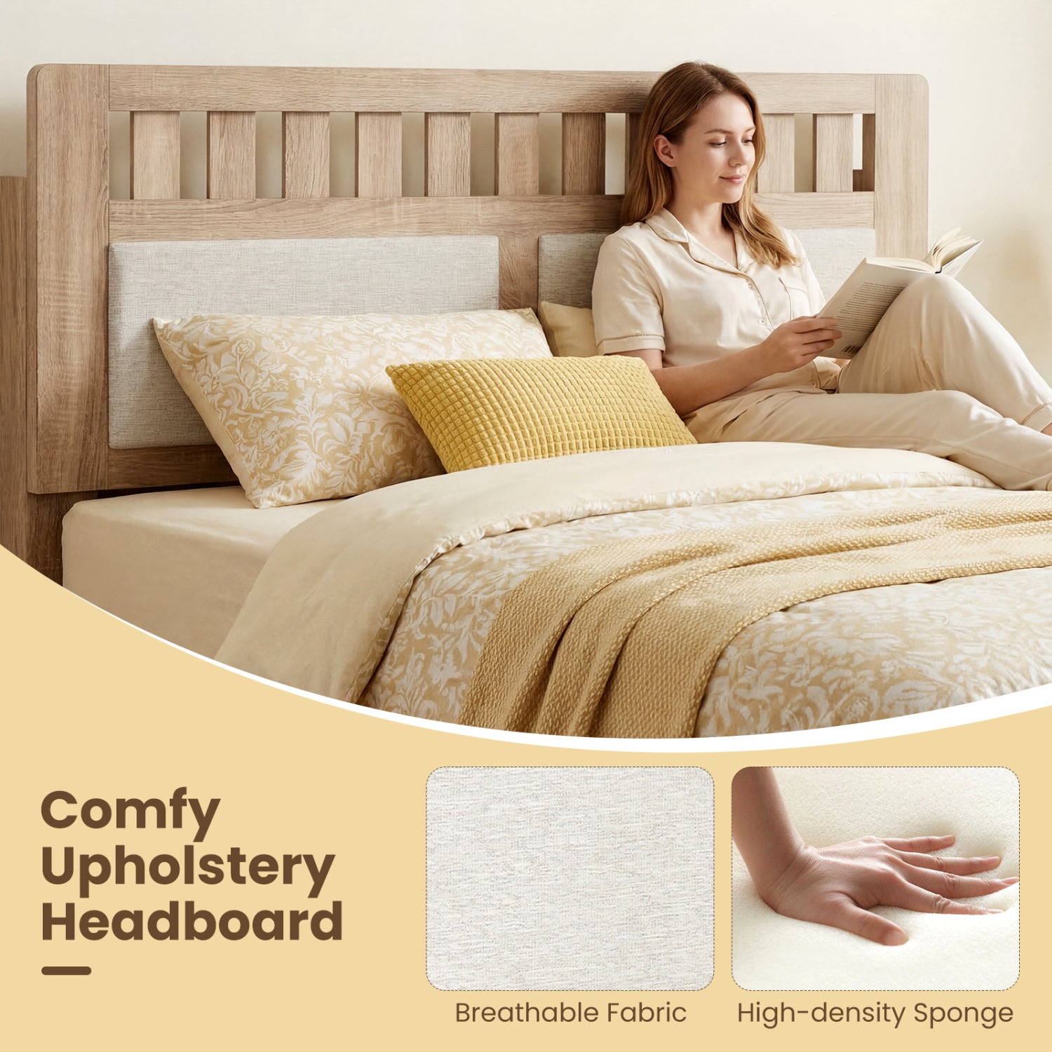 Full Size Wood Bed Frame, Upholstered Headboard, Mid Century Style, Beige Simple Bed Frame at Gallery Canada