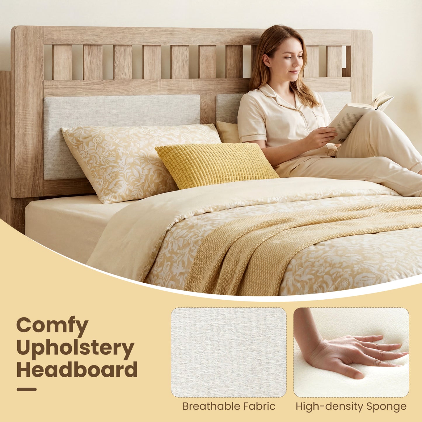 Full Size Wood Bed Frame, Upholstered Headboard, Mid Century Style, Beige Simple Bed Frame at Gallery Canada