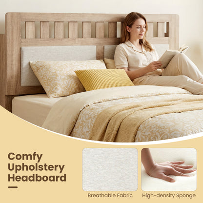 Full Size Wood Bed Frame, Upholstered Headboard, Mid Century Style, Beige Simple Bed Frame at Gallery Canada