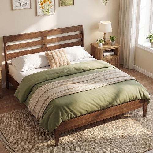 Full Size Wood Platform Bed Frame, Slat Headboard, Brown
