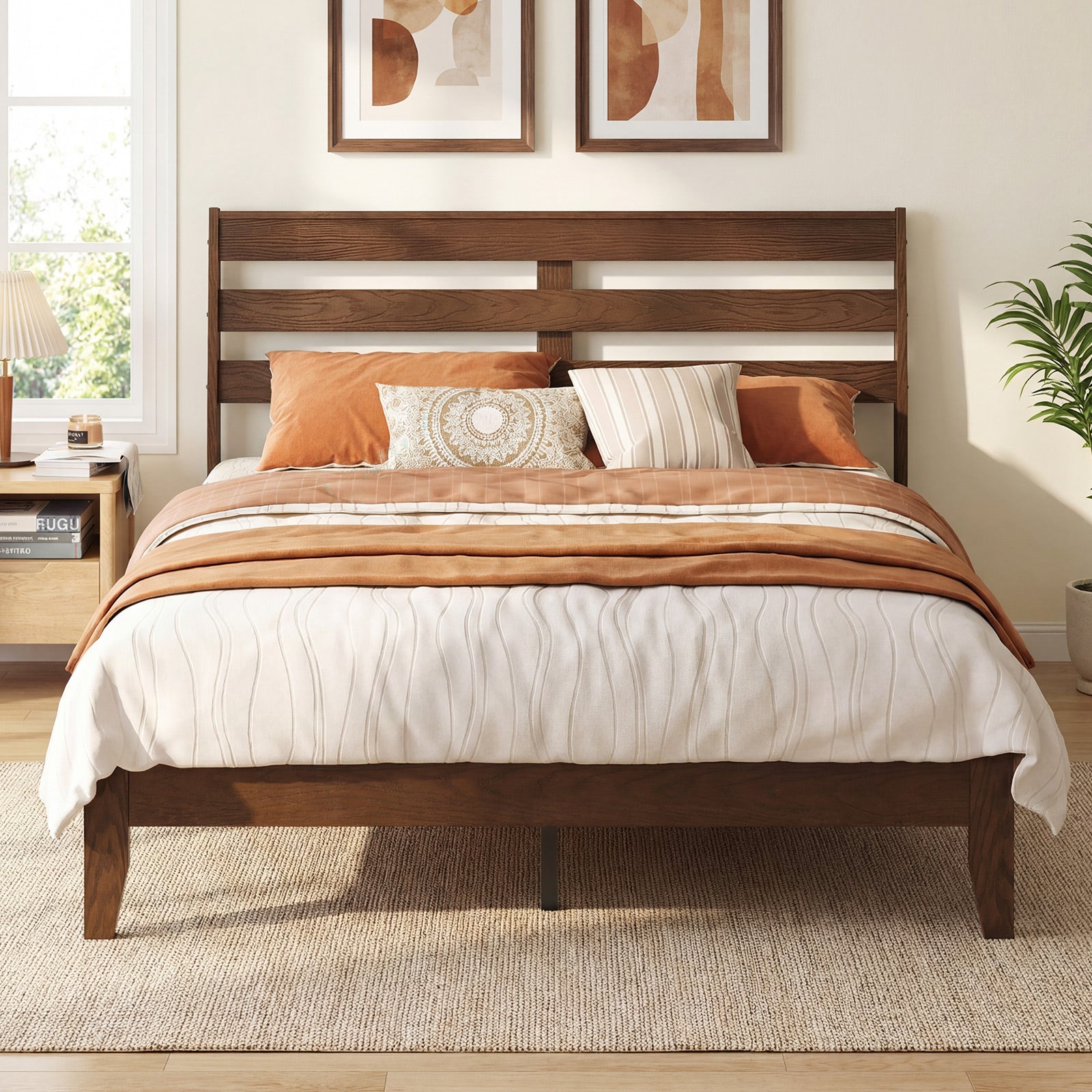 Full Size Wood Platform Bed Frame, Slat Headboard, Brown Simple Bed Frame at Gallery Canada