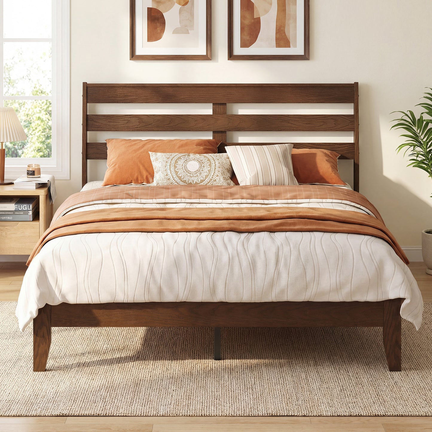 Full Size Wood Platform Bed Frame, Slat Headboard, Brown Simple Bed Frame at Gallery Canada
