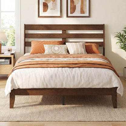 Full Size Wood Platform Bed Frame, Slat Headboard, Brown Simple Bed Frame at Gallery Canada