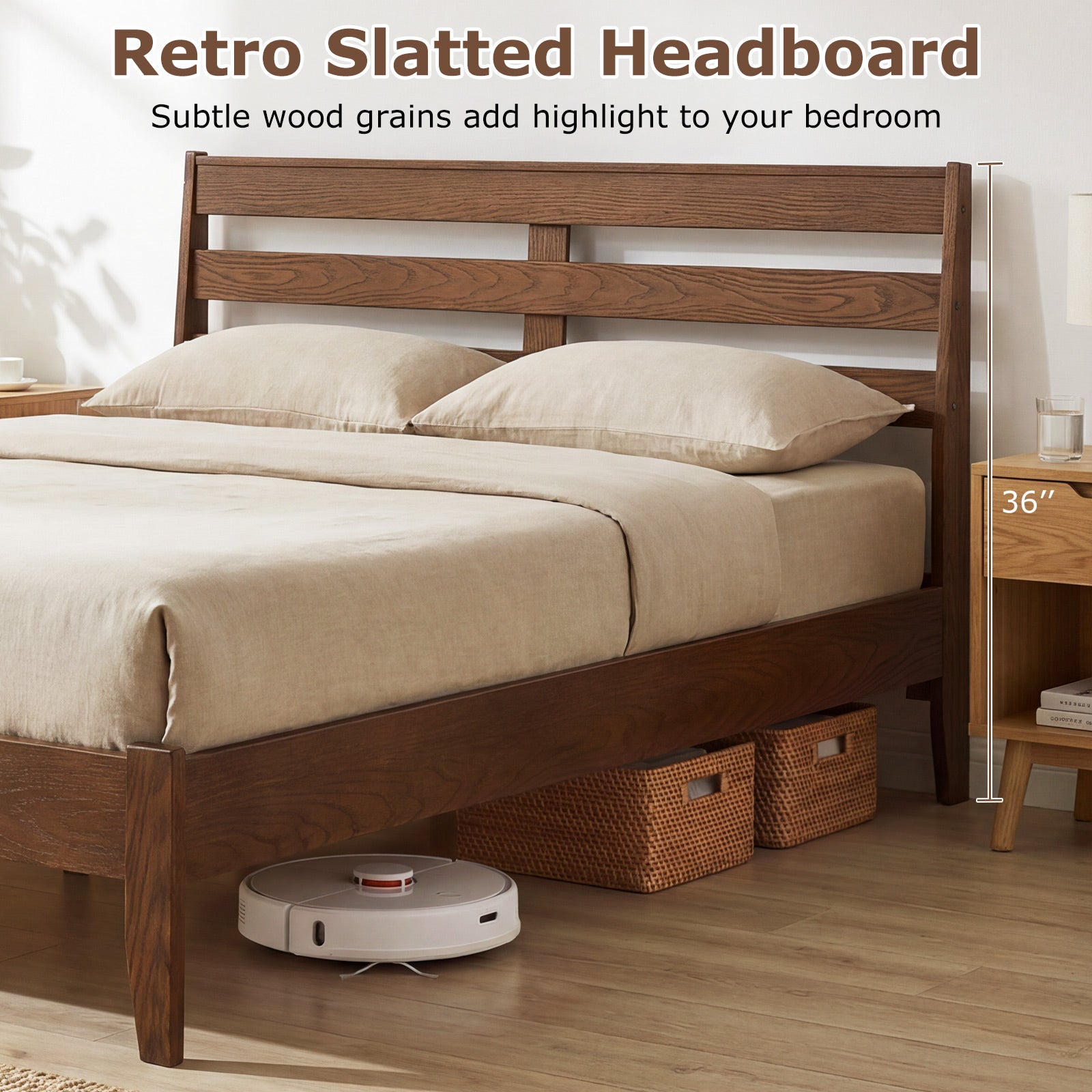 Full Size Wood Platform Bed Frame, Slat Headboard, Brown Simple Bed Frame at Gallery Canada