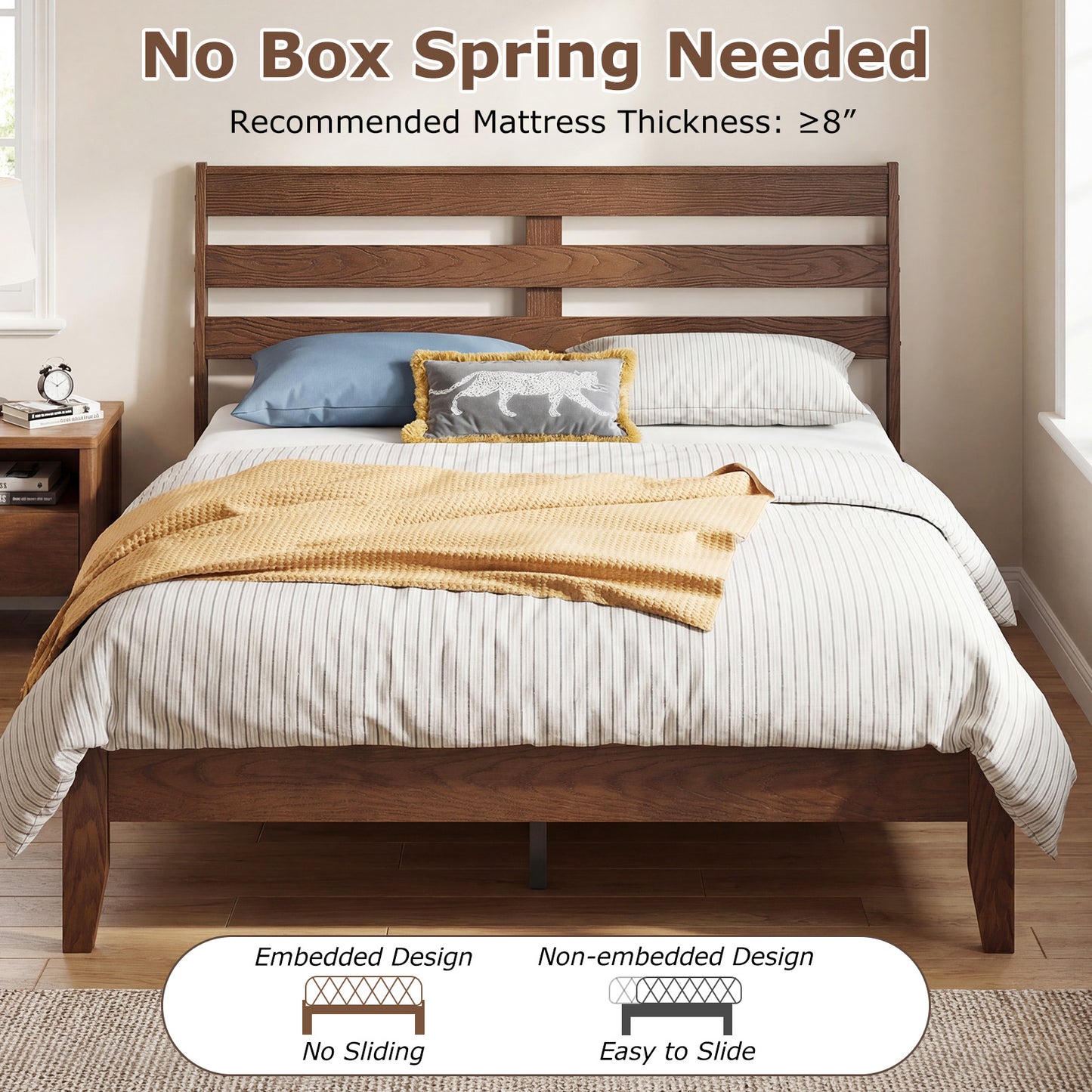 Full Size Wood Platform Bed Frame, Slat Headboard, Brown Simple Bed Frame at Gallery Canada