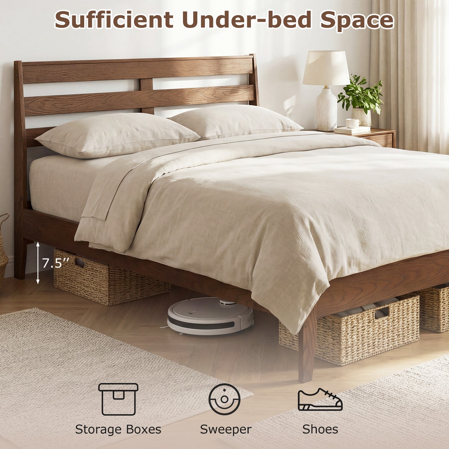 Full Size Wood Platform Bed Frame, Slat Headboard, Brown Simple Bed Frame at Gallery Canada