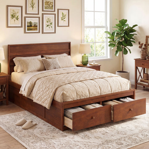 Full Size Wooden Platform Bed Frame with Drawers, Walnut