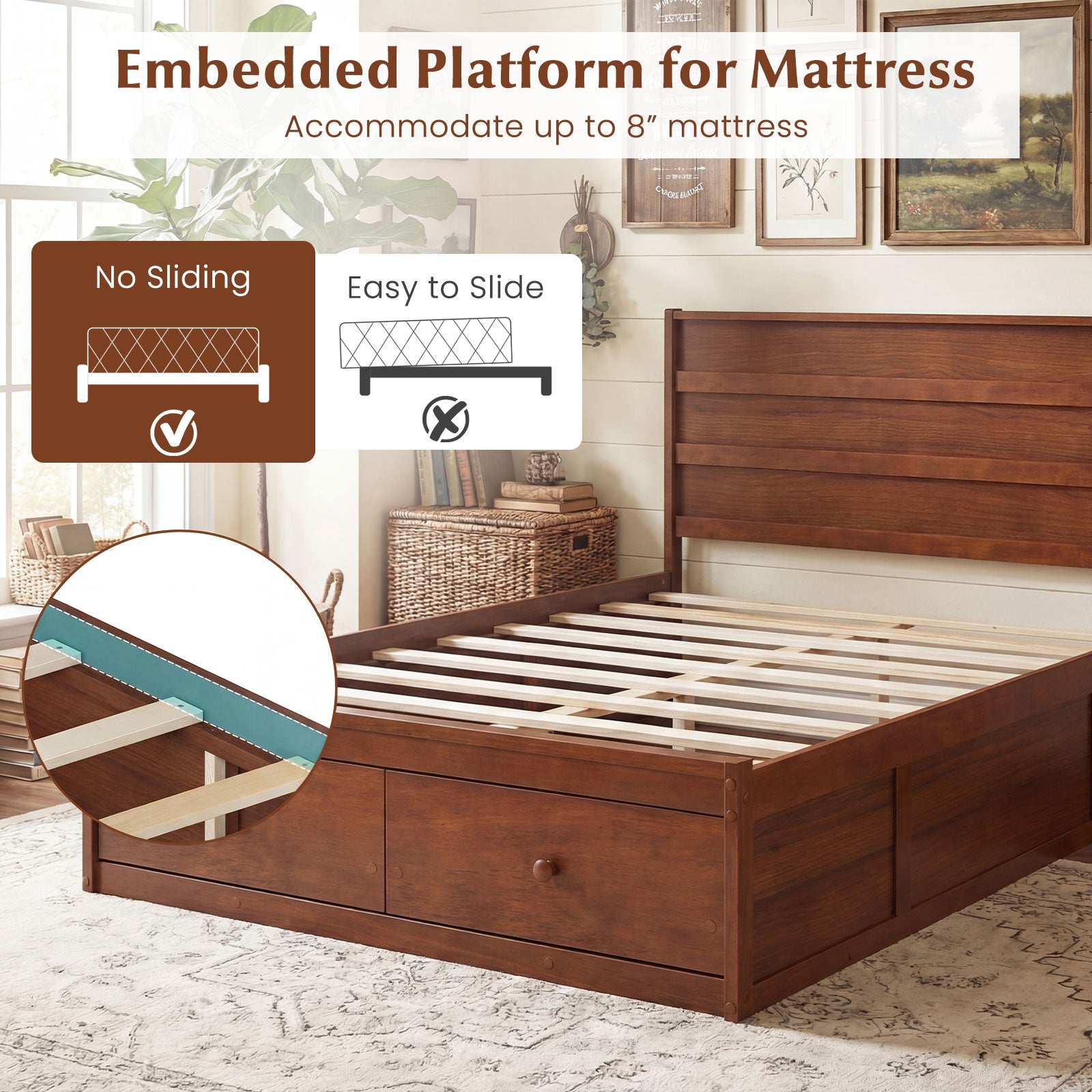 Full Size Wooden Platform Bed Frame with Drawers, Walnut Simple Bed Frame at Gallery Canada