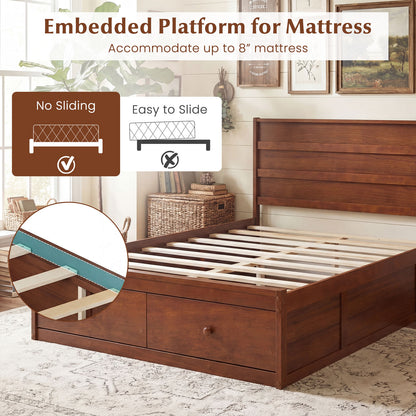 Full Size Wooden Platform Bed Frame with Drawers, Walnut Simple Bed Frame at Gallery Canada