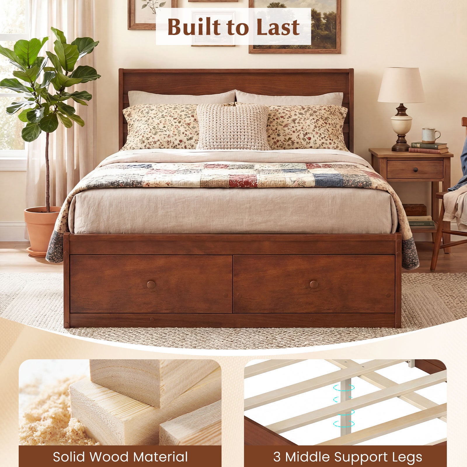 Full Size Wooden Platform Bed Frame with Drawers, Walnut Simple Bed Frame at Gallery Canada