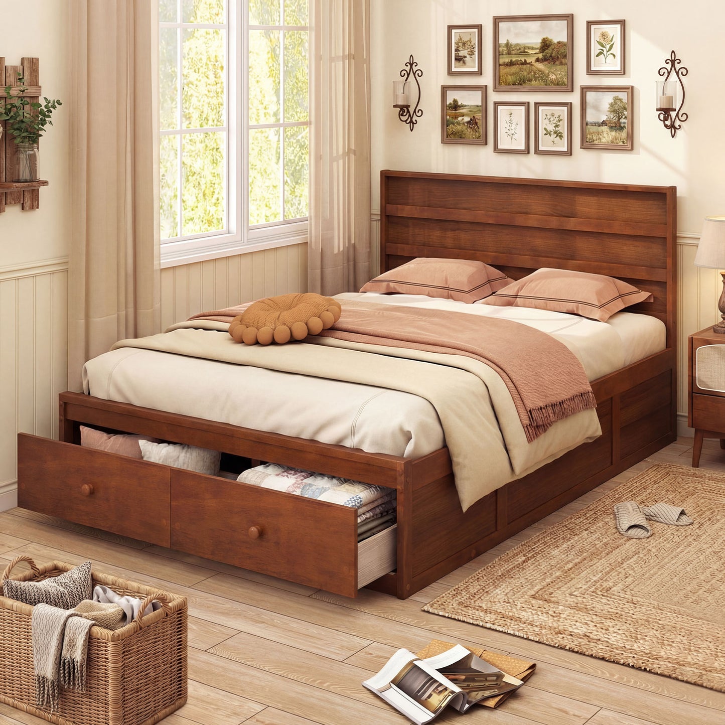 Full Size Wooden Platform Bed Frame with Drawers, Walnut Simple Bed Frame at Gallery Canada