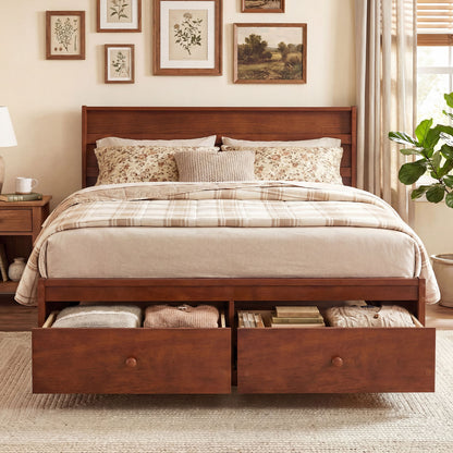 Full Size Wooden Platform Bed Frame with Drawers, Walnut Simple Bed Frame at Gallery Canada