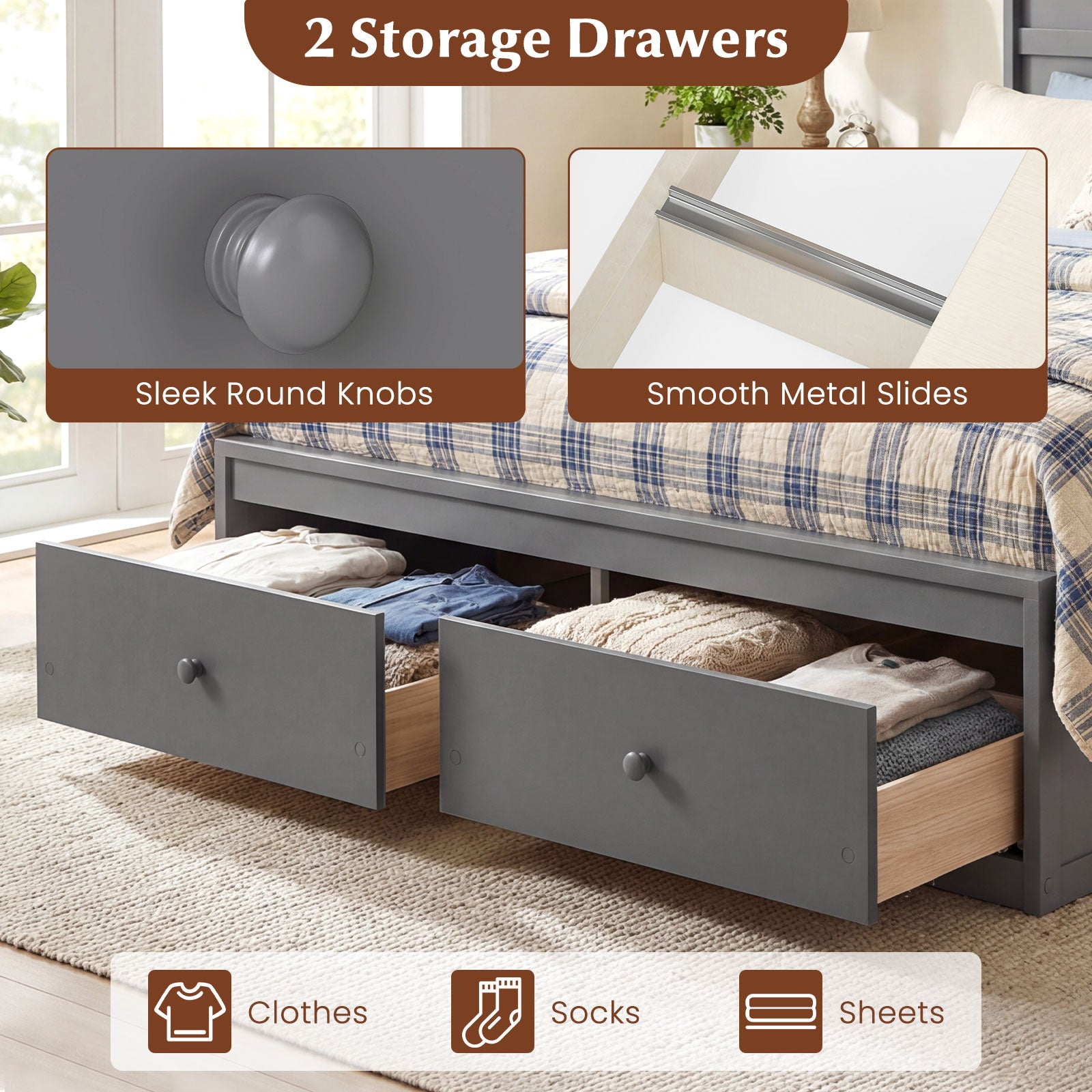 Full Size Wooden Platform Bed with Storage Drawers, Gray Simple Bed Frame at Gallery Canada