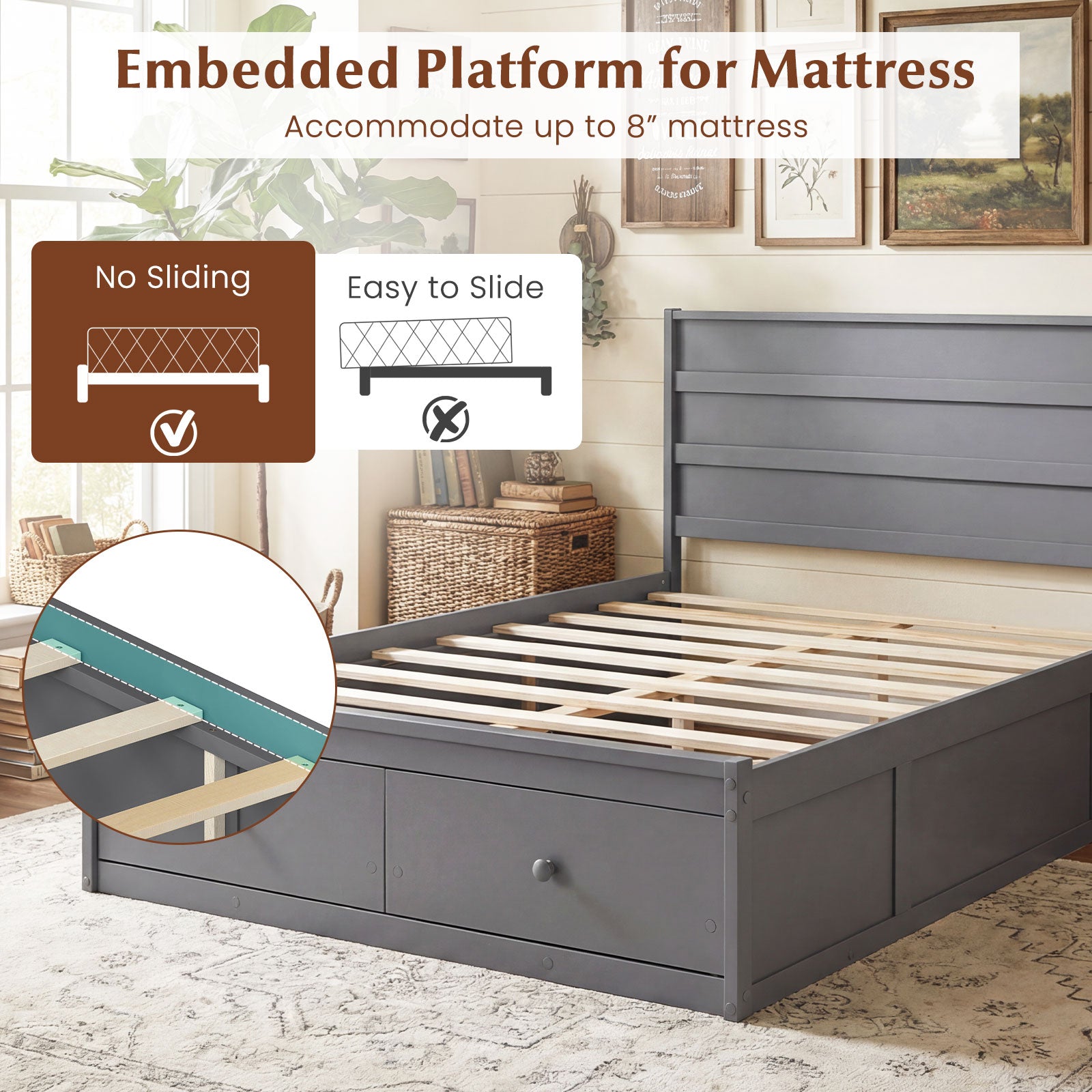 Full Size Wooden Platform Bed with Storage Drawers, Gray Simple Bed Frame at Gallery Canada