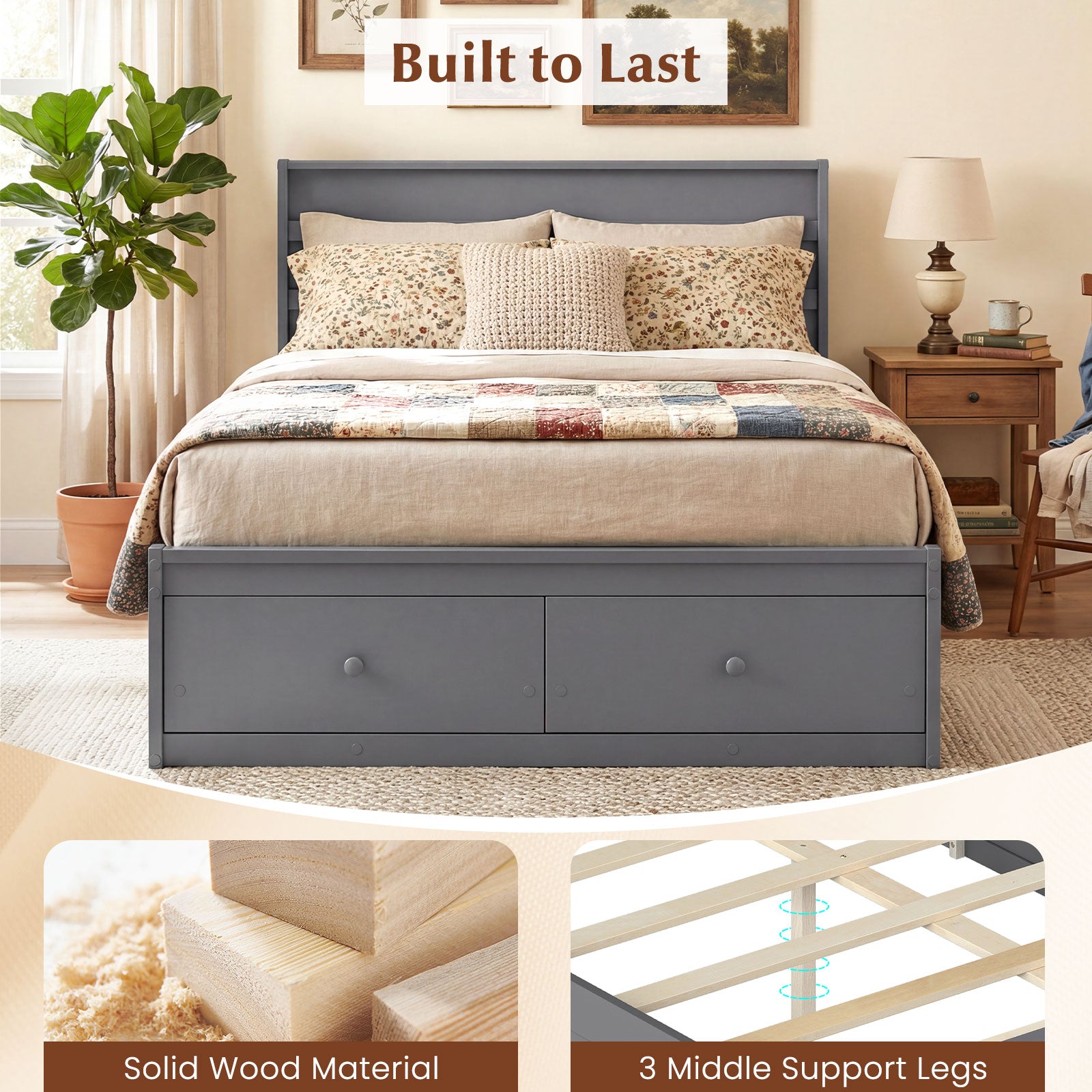 Full Size Wooden Platform Bed with Storage Drawers, Gray Simple Bed Frame at Gallery Canada